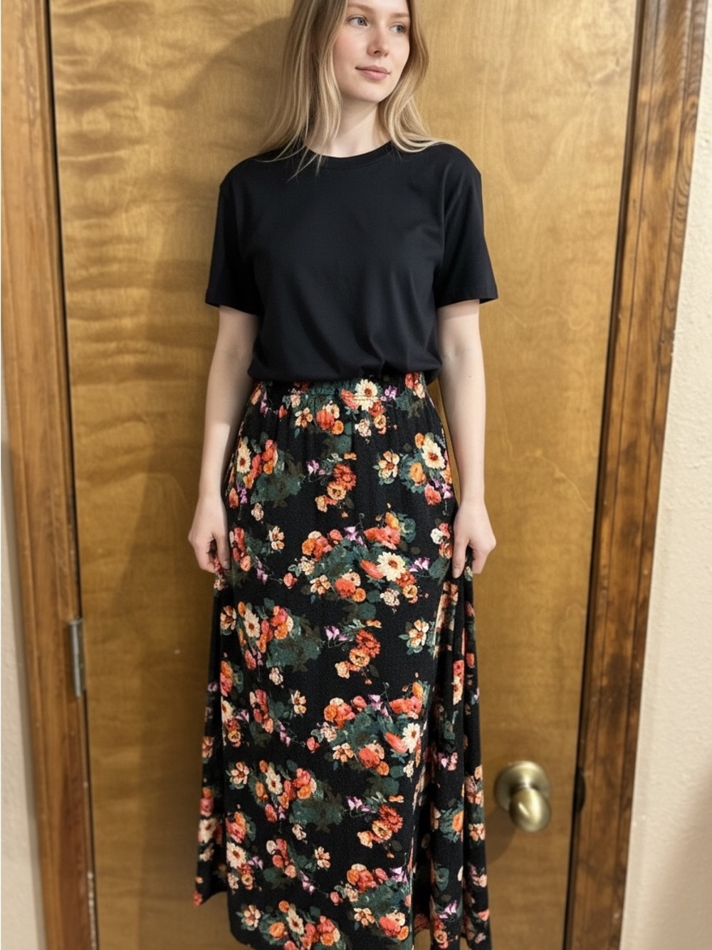 Floral Black Maxi Skirt with Orange and Pink Blooms- Excellent Condition
